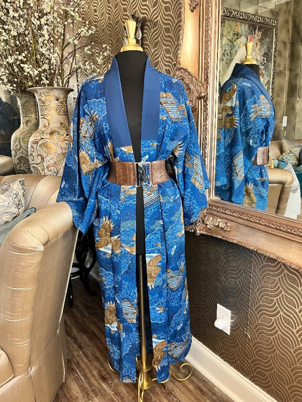 vintage Japanese blue silk blend bold golden eagle and dragon motif kimono
